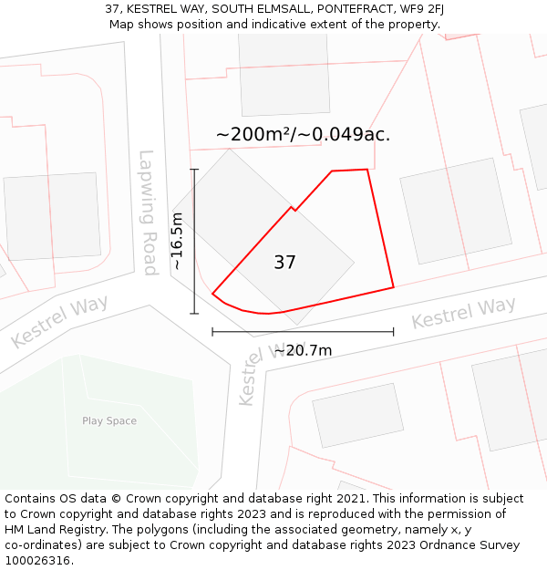 37, KESTREL WAY, SOUTH ELMSALL, PONTEFRACT, WF9 2FJ: Plot and title map