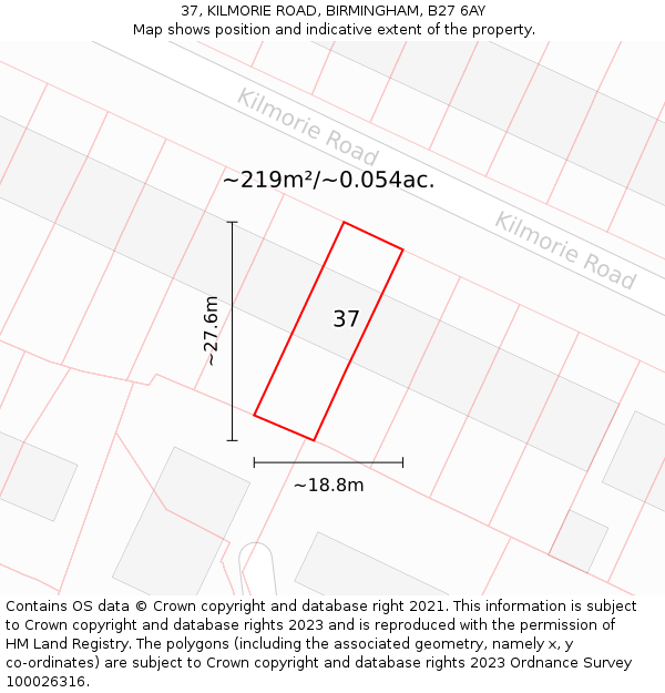 37, KILMORIE ROAD, BIRMINGHAM, B27 6AY: Plot and title map