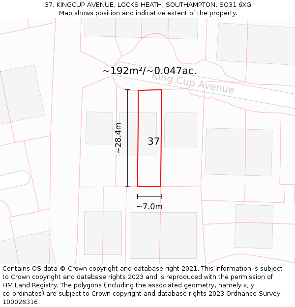 37, KINGCUP AVENUE, LOCKS HEATH, SOUTHAMPTON, SO31 6XG: Plot and title map