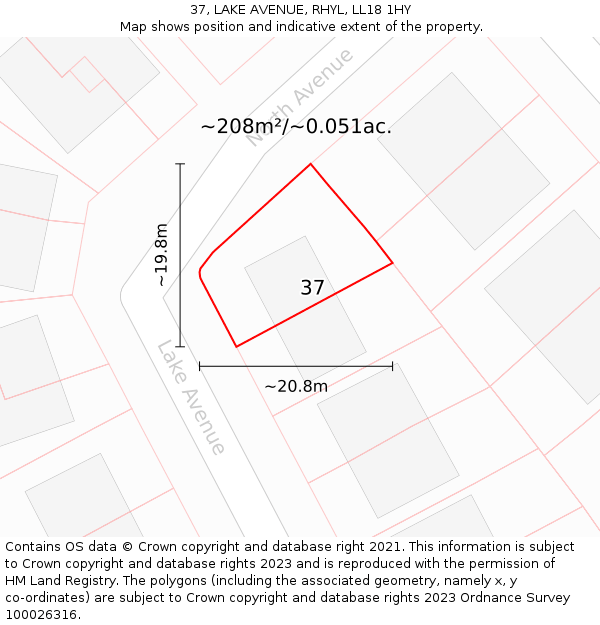 37, LAKE AVENUE, RHYL, LL18 1HY: Plot and title map