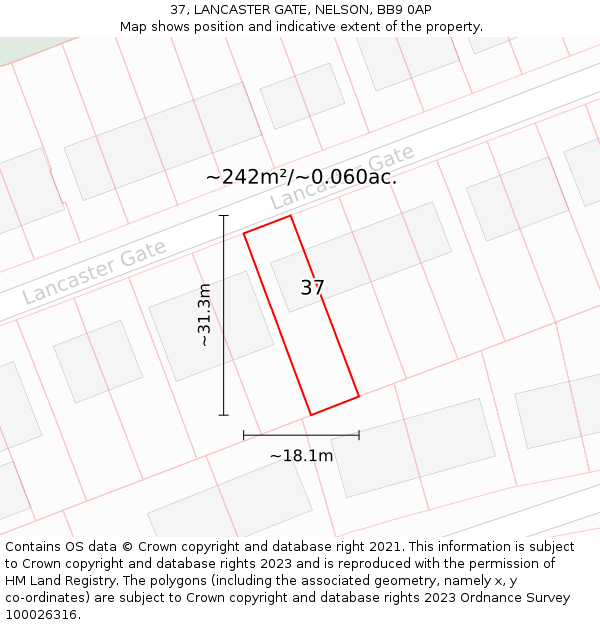 37, LANCASTER GATE, NELSON, BB9 0AP: Plot and title map