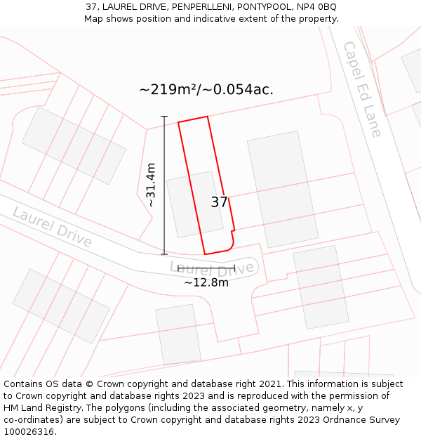 37, LAUREL DRIVE, PENPERLLENI, PONTYPOOL, NP4 0BQ: Plot and title map