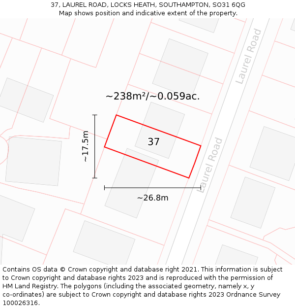 37, LAUREL ROAD, LOCKS HEATH, SOUTHAMPTON, SO31 6QG: Plot and title map