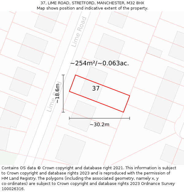 37, LIME ROAD, STRETFORD, MANCHESTER, M32 8HX: Plot and title map