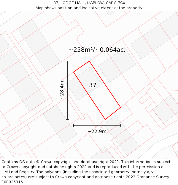 37, LODGE HALL, HARLOW, CM18 7SX: Plot and title map