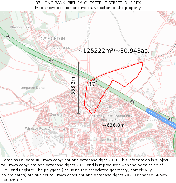 37, LONG BANK, BIRTLEY, CHESTER LE STREET, DH3 1PX: Plot and title map