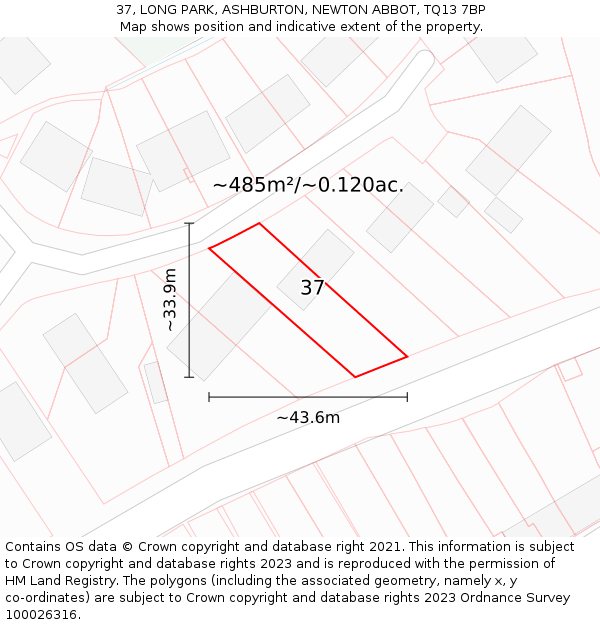 37, LONG PARK, ASHBURTON, NEWTON ABBOT, TQ13 7BP: Plot and title map