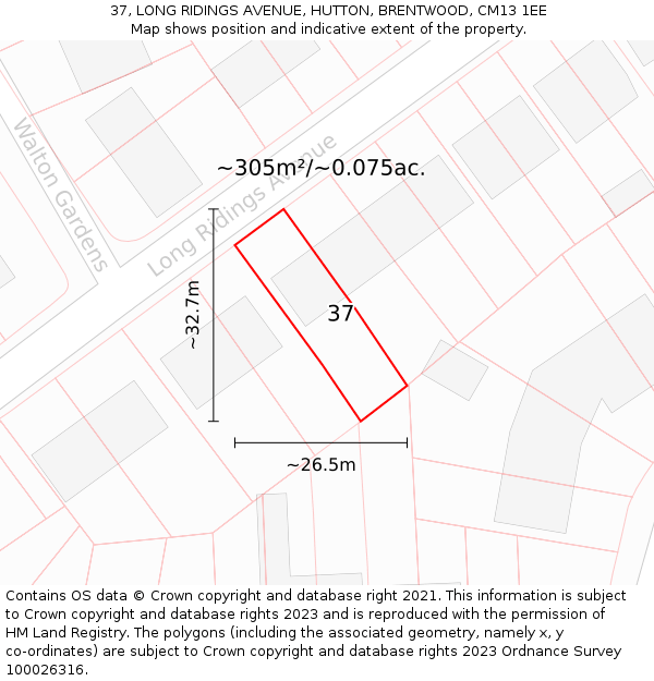 37, LONG RIDINGS AVENUE, HUTTON, BRENTWOOD, CM13 1EE: Plot and title map