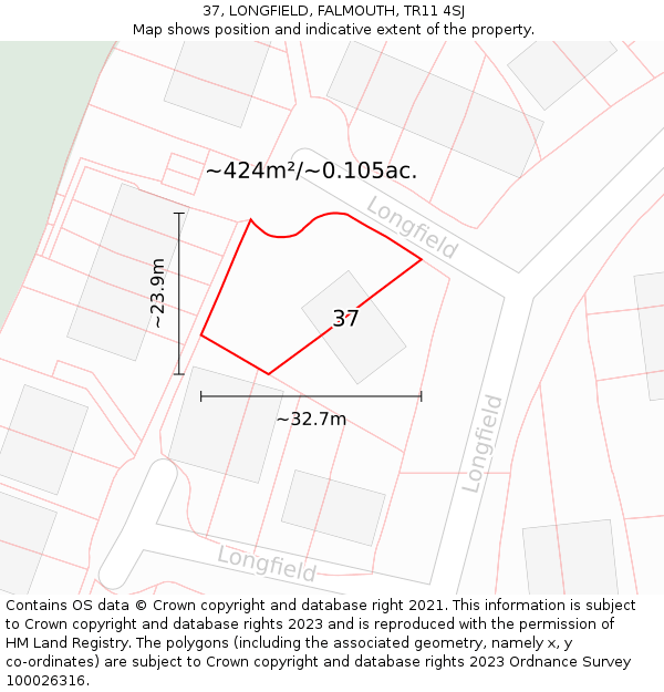 37, LONGFIELD, FALMOUTH, TR11 4SJ: Plot and title map