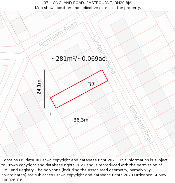 37, LONGLAND ROAD, EASTBOURNE, BN20 8JA: Plot and title map