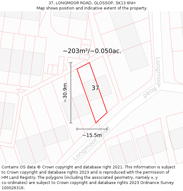 37, LONGMOOR ROAD, GLOSSOP, SK13 6NH: Plot and title map