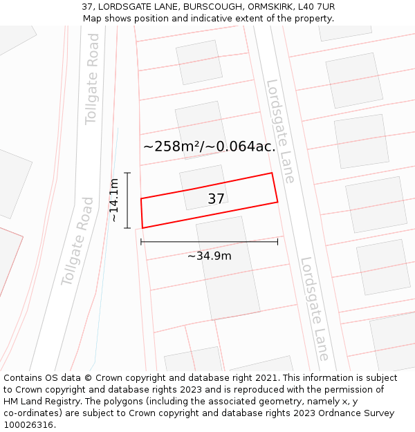 37, LORDSGATE LANE, BURSCOUGH, ORMSKIRK, L40 7UR: Plot and title map