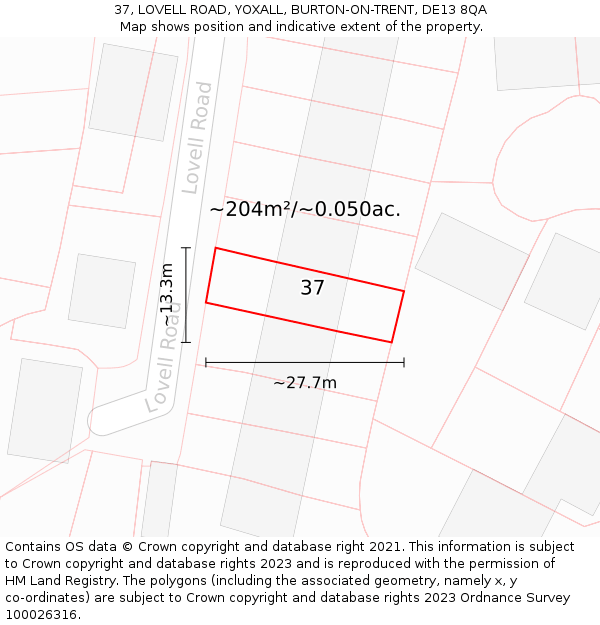 37, LOVELL ROAD, YOXALL, BURTON-ON-TRENT, DE13 8QA: Plot and title map