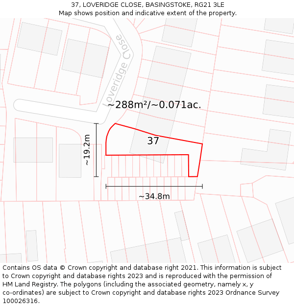 37, LOVERIDGE CLOSE, BASINGSTOKE, RG21 3LE: Plot and title map