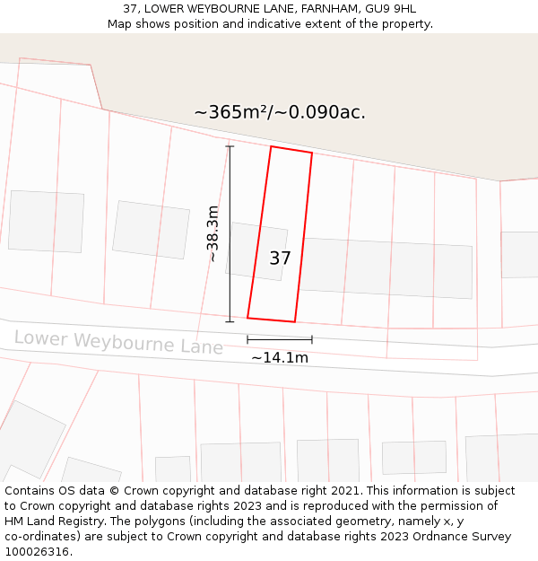 37, LOWER WEYBOURNE LANE, FARNHAM, GU9 9HL: Plot and title map