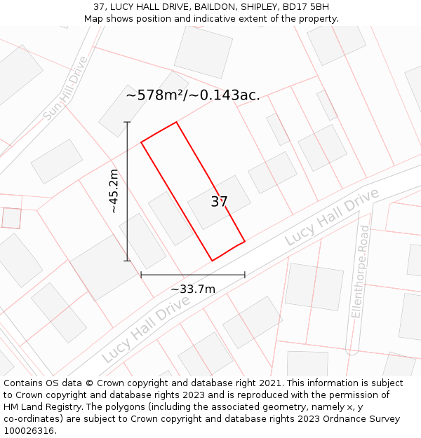 37, LUCY HALL DRIVE, BAILDON, SHIPLEY, BD17 5BH: Plot and title map