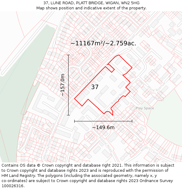 37, LUNE ROAD, PLATT BRIDGE, WIGAN, WN2 5HG: Plot and title map