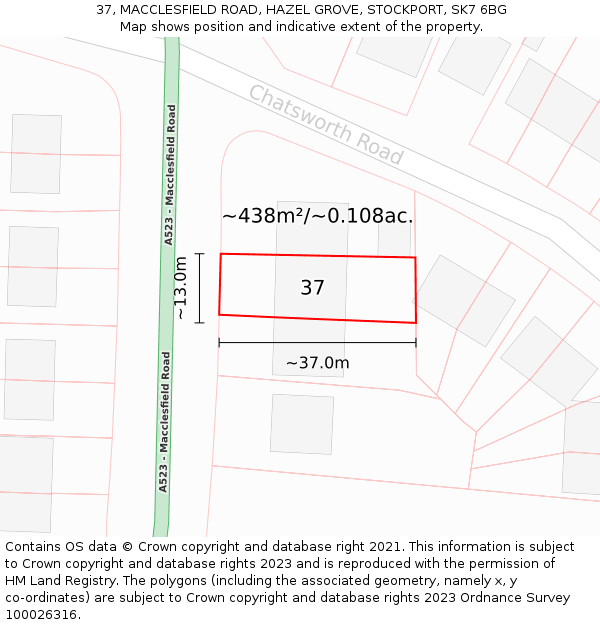 37, MACCLESFIELD ROAD, HAZEL GROVE, STOCKPORT, SK7 6BG: Plot and title map