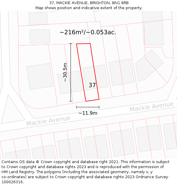 37, MACKIE AVENUE, BRIGHTON, BN1 8RB: Plot and title map