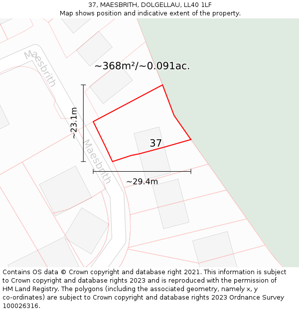 37, MAESBRITH, DOLGELLAU, LL40 1LF: Plot and title map