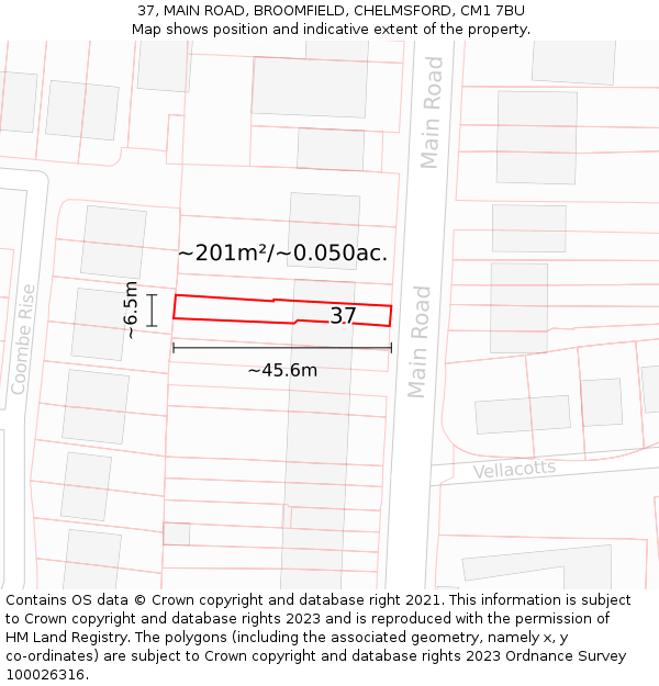 37, MAIN ROAD, BROOMFIELD, CHELMSFORD, CM1 7BU: Plot and title map