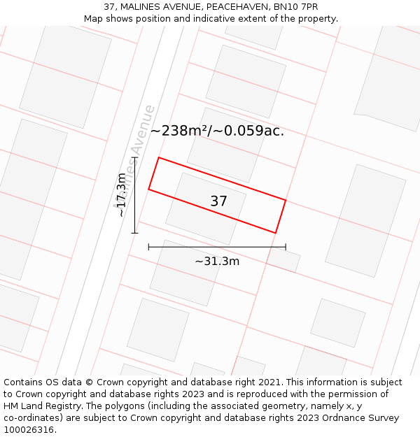 37, MALINES AVENUE, PEACEHAVEN, BN10 7PR: Plot and title map