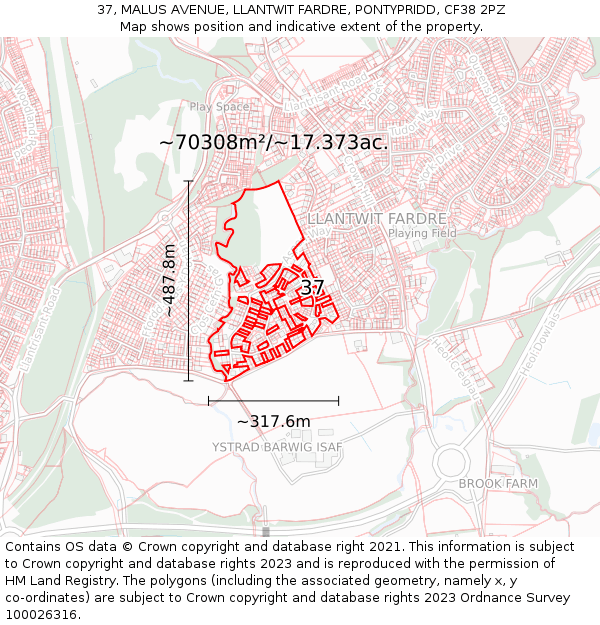 37, MALUS AVENUE, LLANTWIT FARDRE, PONTYPRIDD, CF38 2PZ: Plot and title map