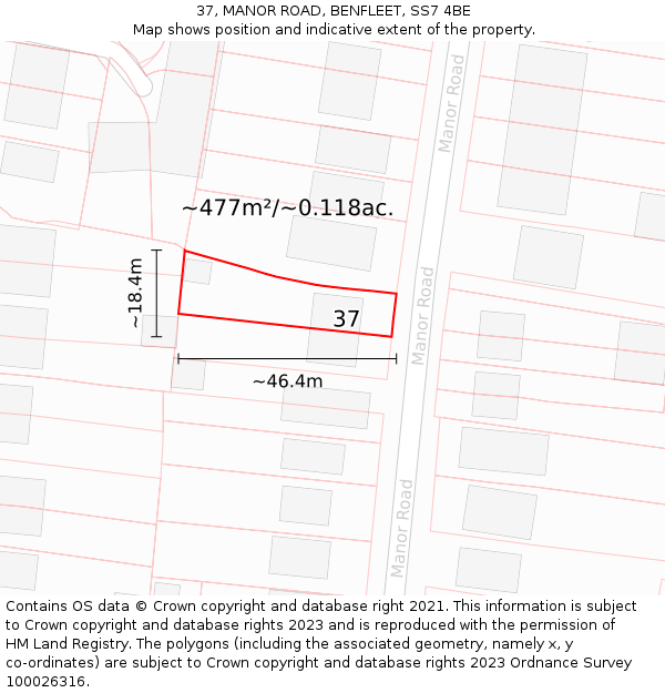 37, MANOR ROAD, BENFLEET, SS7 4BE: Plot and title map