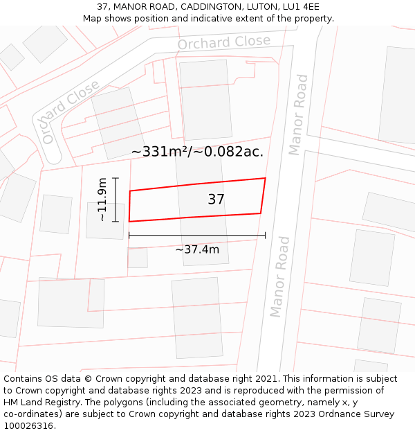 37, MANOR ROAD, CADDINGTON, LUTON, LU1 4EE: Plot and title map