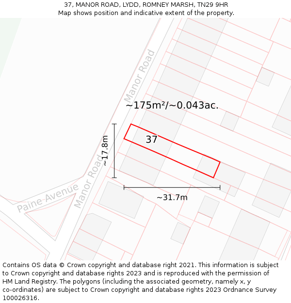 37, MANOR ROAD, LYDD, ROMNEY MARSH, TN29 9HR: Plot and title map