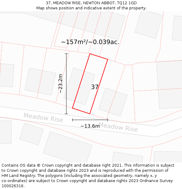 37, MEADOW RISE, NEWTON ABBOT, TQ12 1GD: Plot and title map