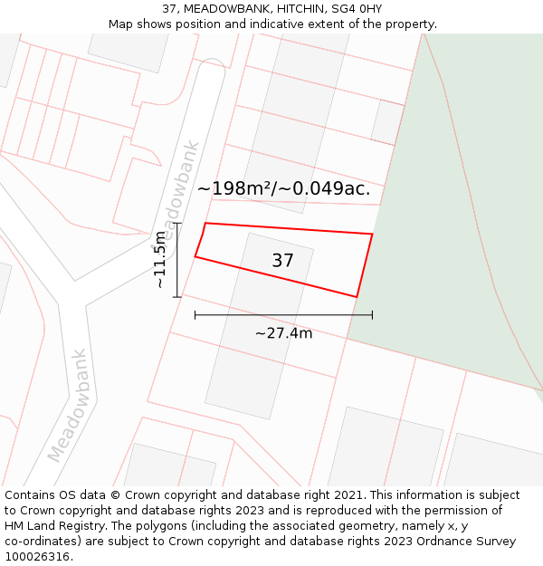 37, MEADOWBANK, HITCHIN, SG4 0HY: Plot and title map