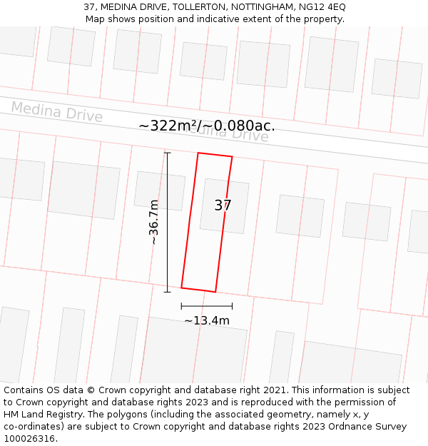 37, MEDINA DRIVE, TOLLERTON, NOTTINGHAM, NG12 4EQ: Plot and title map