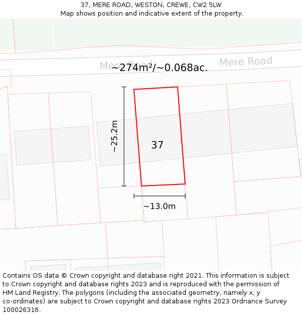 37, MERE ROAD, WESTON, CREWE, CW2 5LW: Plot and title map