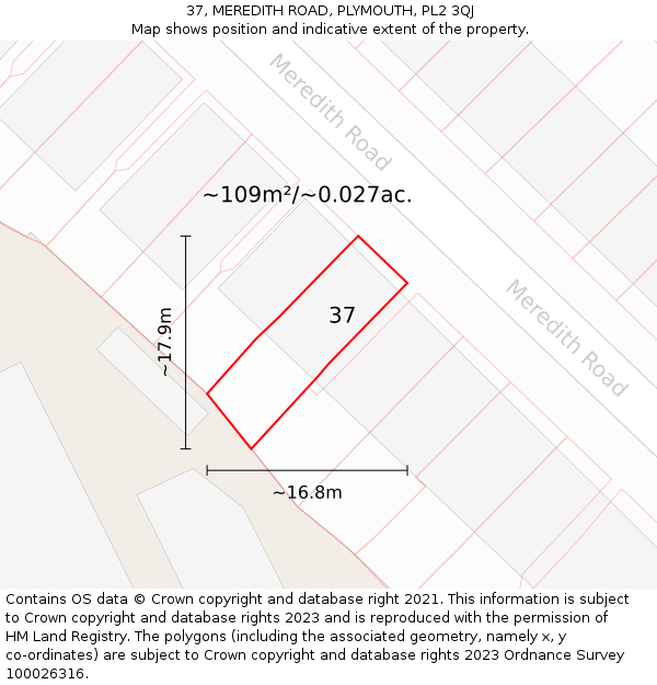 37, MEREDITH ROAD, PLYMOUTH, PL2 3QJ: Plot and title map
