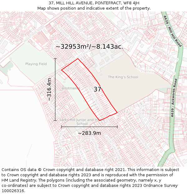 37, MILL HILL AVENUE, PONTEFRACT, WF8 4JH: Plot and title map