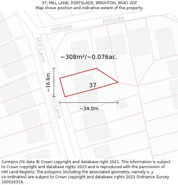 37, MILL LANE, PORTSLADE, BRIGHTON, BN41 2DF: Plot and title map