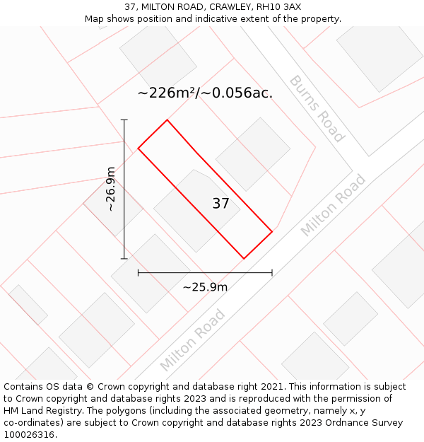 37, MILTON ROAD, CRAWLEY, RH10 3AX: Plot and title map