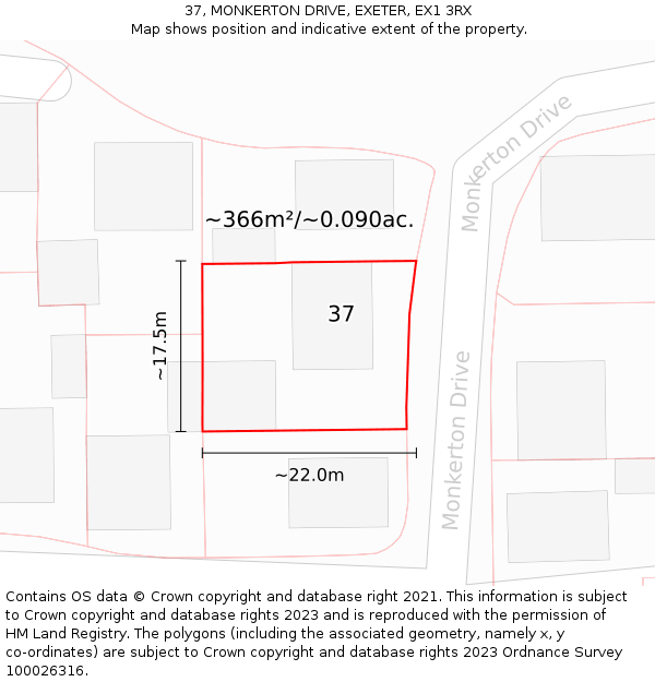 37, MONKERTON DRIVE, EXETER, EX1 3RX: Plot and title map