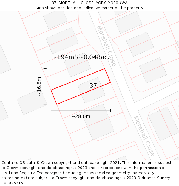 37, MOREHALL CLOSE, YORK, YO30 4WA: Plot and title map