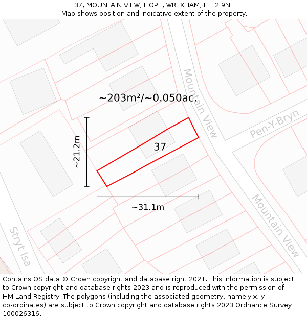 37, MOUNTAIN VIEW, HOPE, WREXHAM, LL12 9NE: Plot and title map