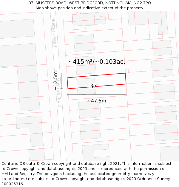 37, MUSTERS ROAD, WEST BRIDGFORD, NOTTINGHAM, NG2 7PQ: Plot and title map