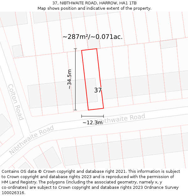 37, NIBTHWAITE ROAD, HARROW, HA1 1TB: Plot and title map