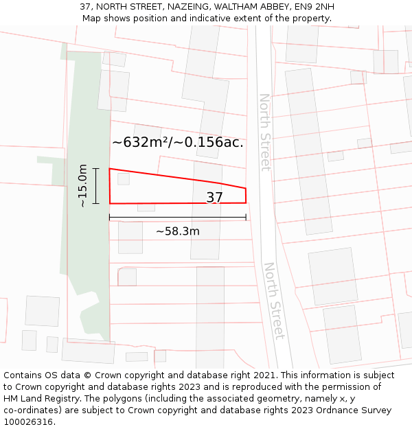 37, NORTH STREET, NAZEING, WALTHAM ABBEY, EN9 2NH: Plot and title map