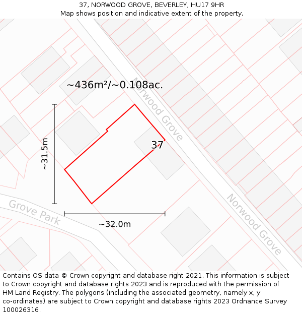 37, NORWOOD GROVE, BEVERLEY, HU17 9HR: Plot and title map