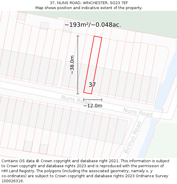 37, NUNS ROAD, WINCHESTER, SO23 7EF: Plot and title map