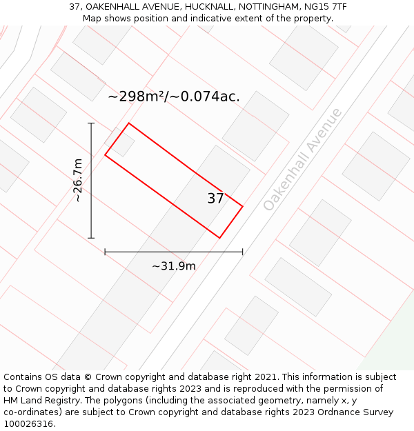 37, OAKENHALL AVENUE, HUCKNALL, NOTTINGHAM, NG15 7TF: Plot and title map