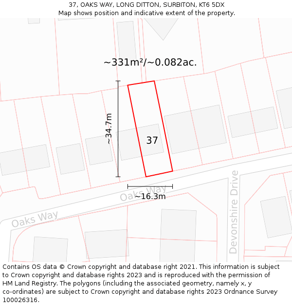 37, OAKS WAY, LONG DITTON, SURBITON, KT6 5DX: Plot and title map