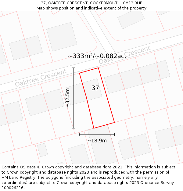 37, OAKTREE CRESCENT, COCKERMOUTH, CA13 9HR: Plot and title map