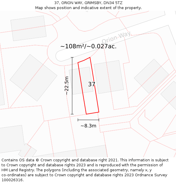 37, ORION WAY, GRIMSBY, DN34 5TZ: Plot and title map